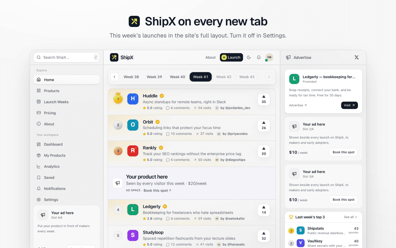 A new tab showing ShipX: the left menu, this week's ranked launches, sponsored slots and last week's top 3