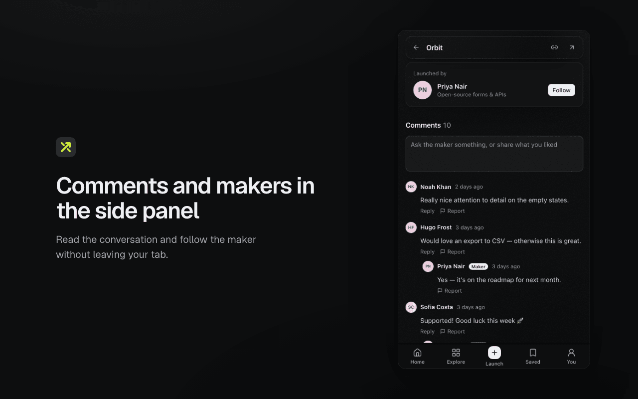 A product page with comments in the browser side panel, in dark mode